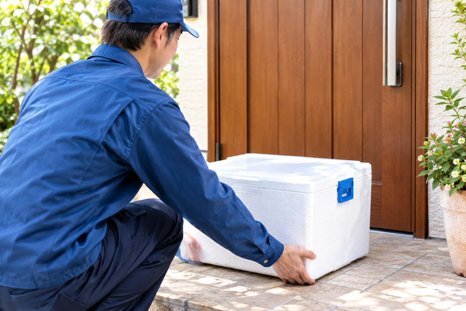 お出かけ中も安心。専用保冷ボックスによる「新鮮・非対面」のお届けシステム。